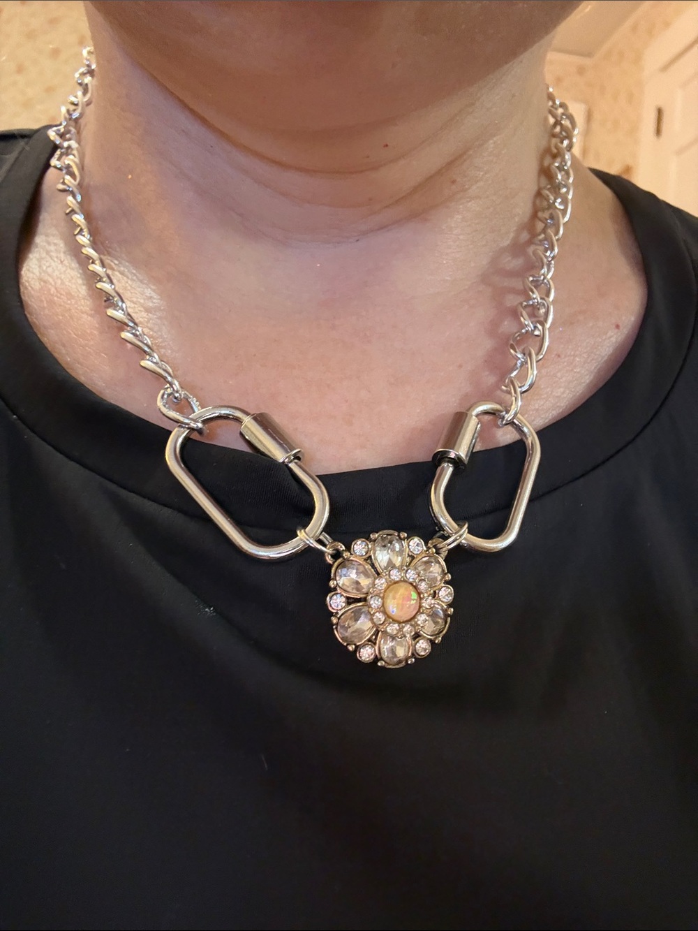 Hand-Crafted Silver Chain Necklace with Floral Opal Pendant and Carabiner Clasps